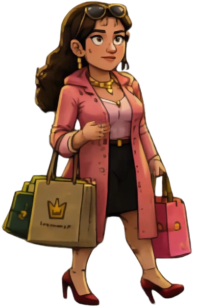 Chloé, passagère colorée avec sacs de shopping.