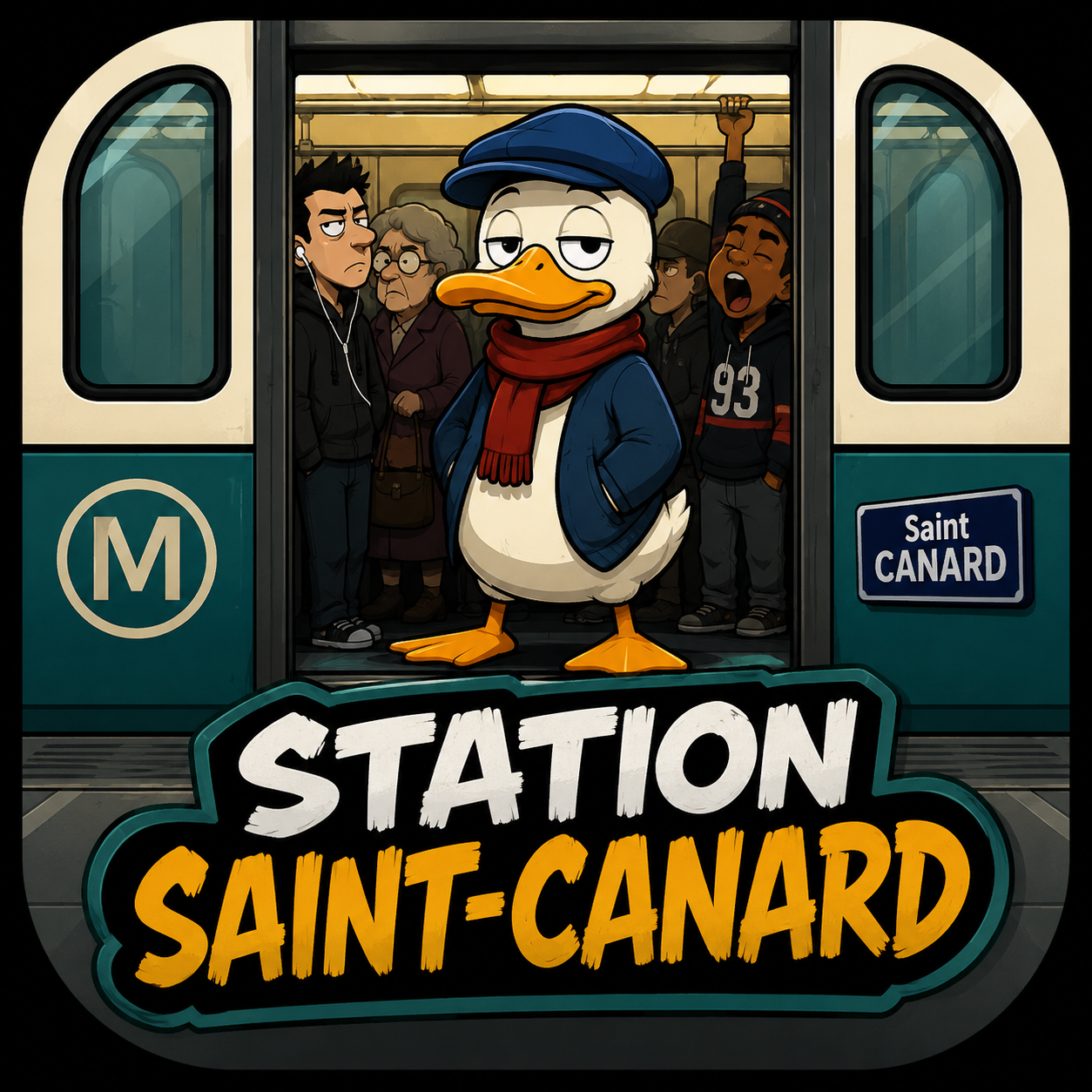 Icône de Station Saint-Canard avec le canard mascotte dans une porte de métro.