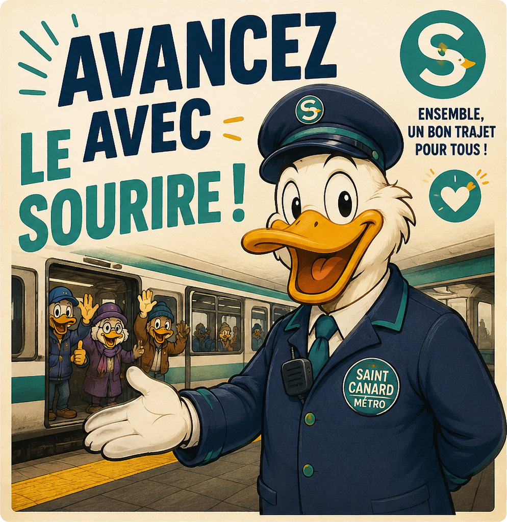 Affiche de courtoisie de Station Saint-Canard montrant le canard mascotte souriant.