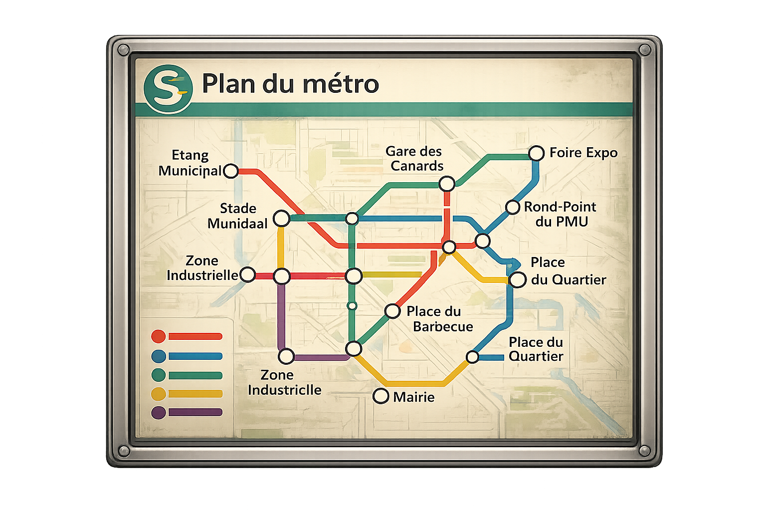 Plan encadré du réseau fictif de Station Saint-Canard, avec ses lignes colorées et ses stations.